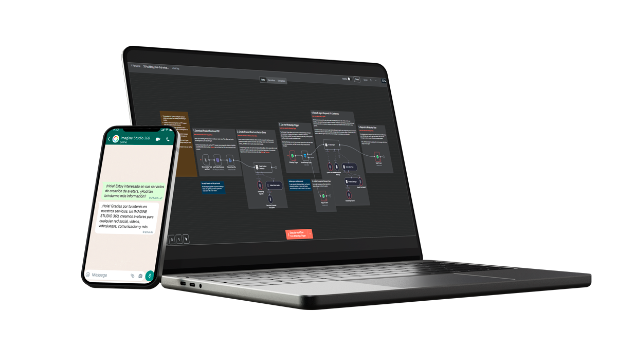 Laptop automatización con flujos en n8n imagine studio 360